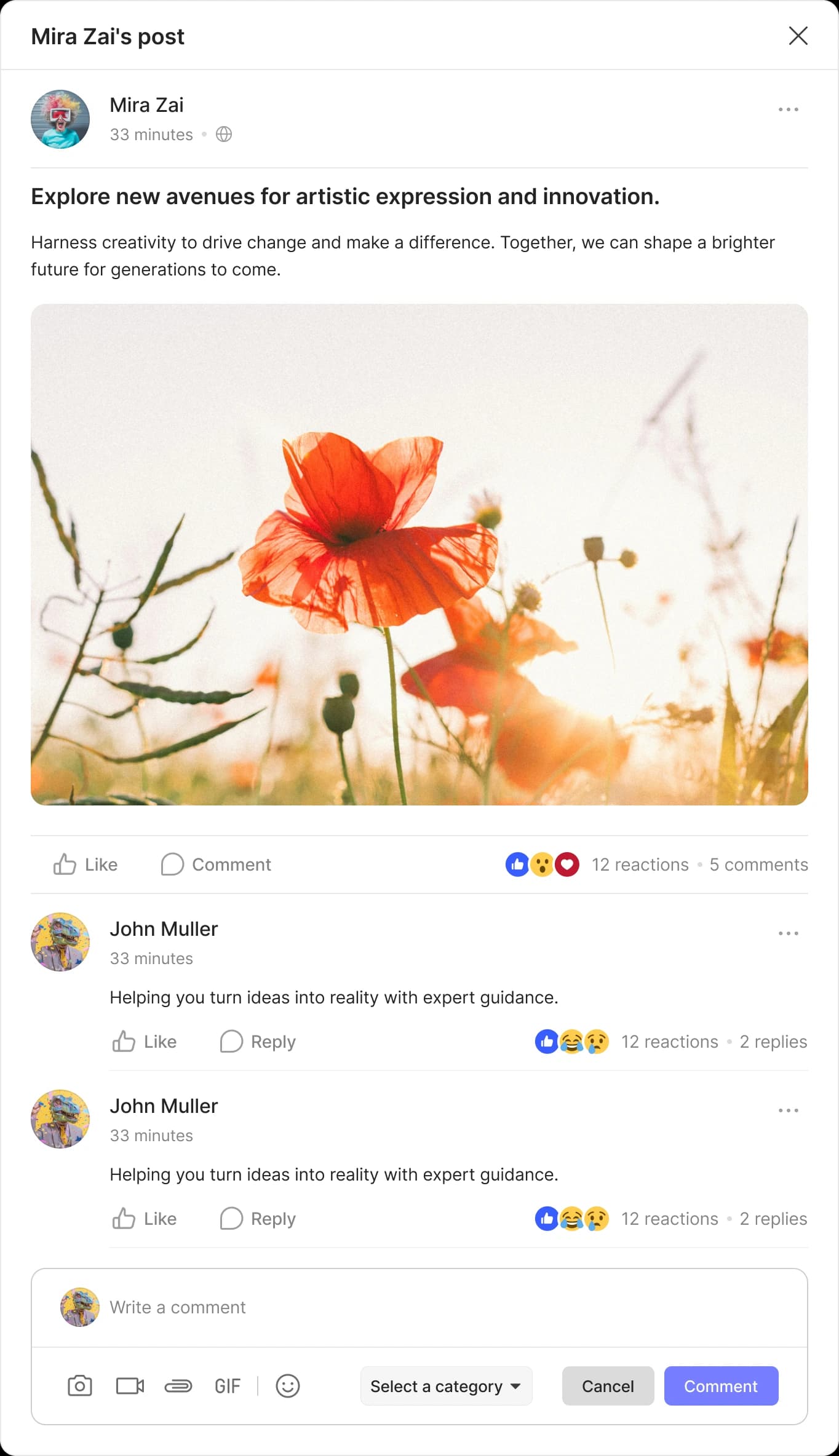 Activity feed modal screen showing recent updates