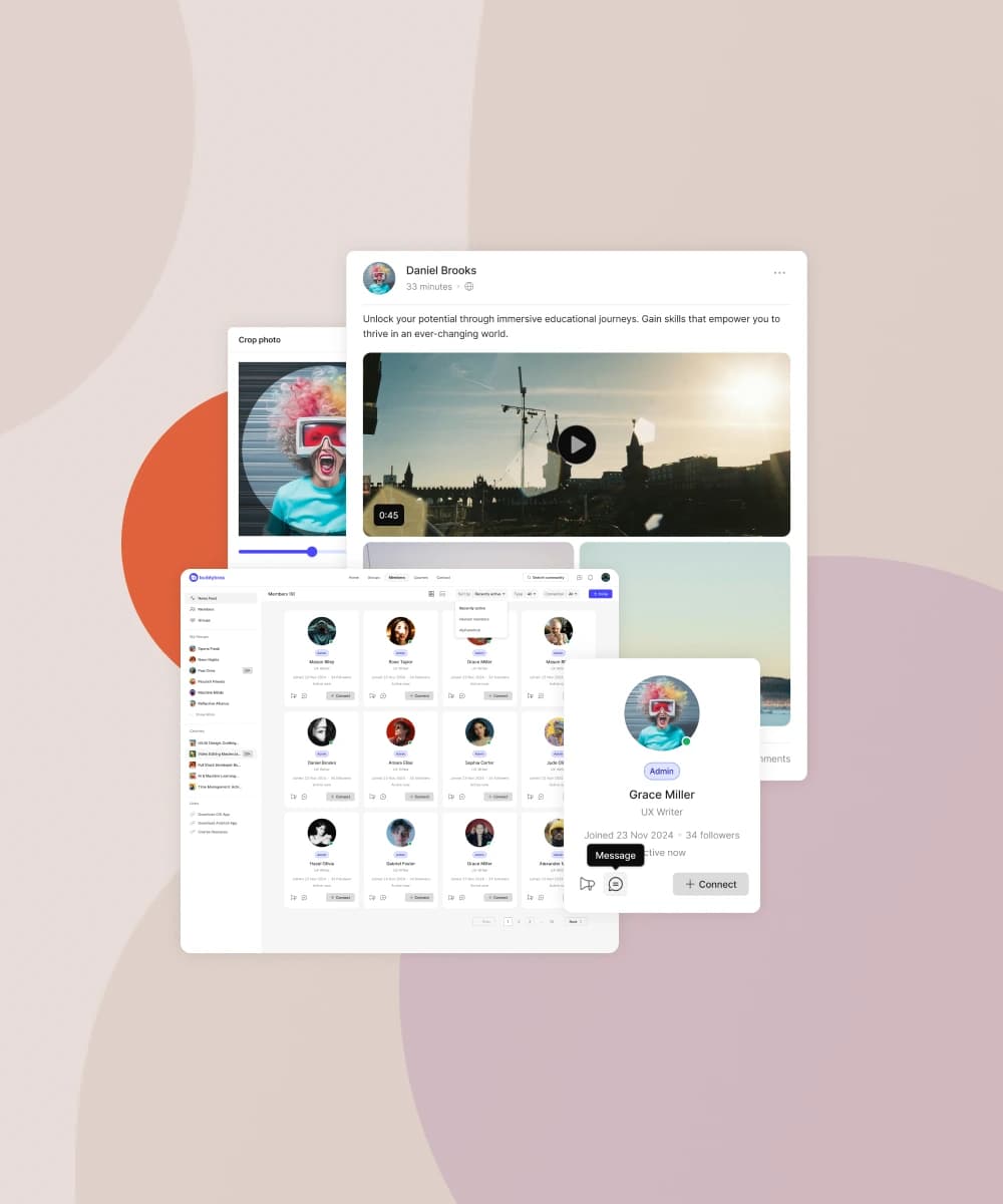 Overview of different BuddyBss platform pages shown in a collage layout